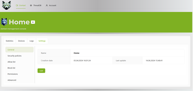DoHzel console: edit profile settings