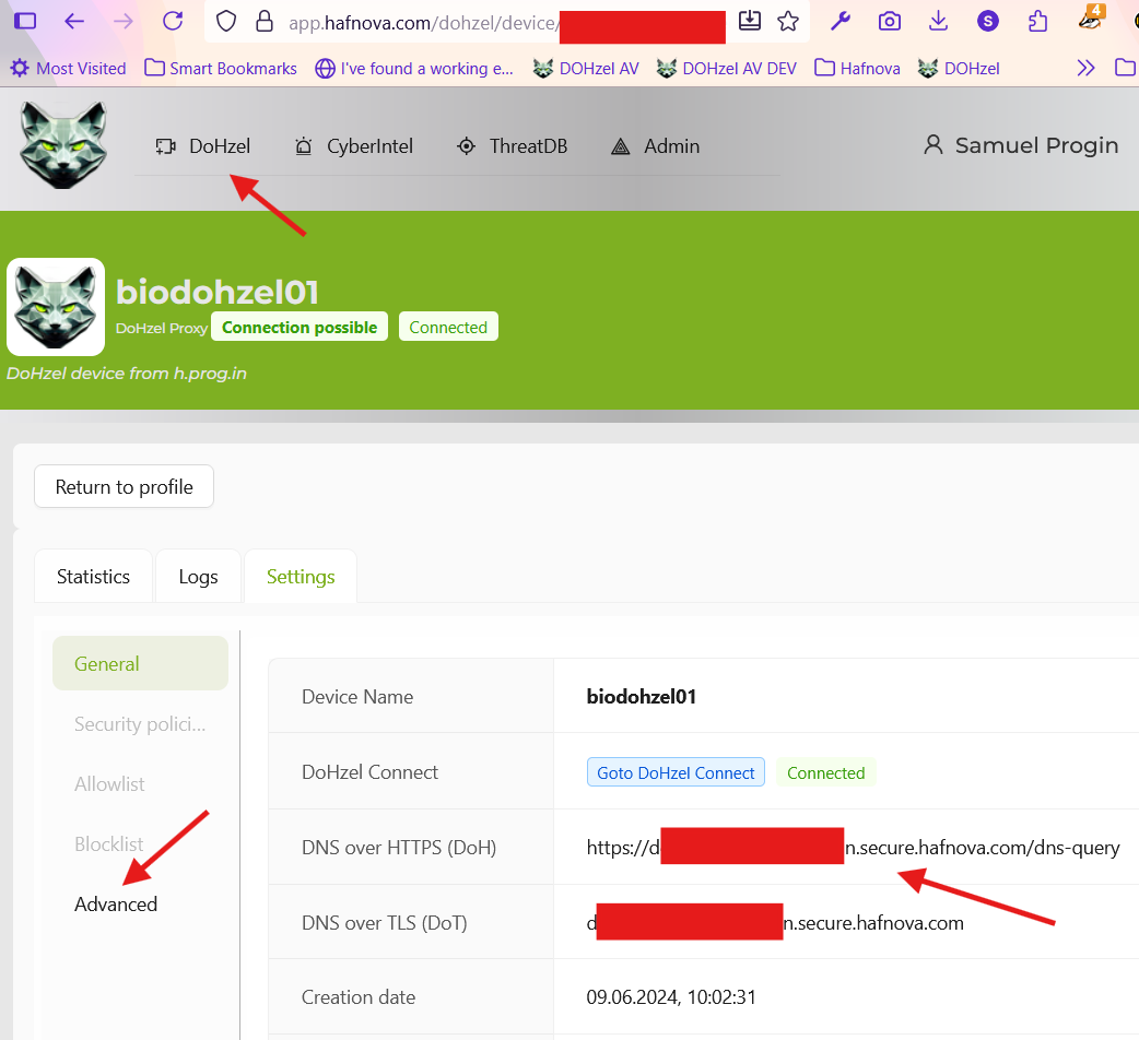 DoH URL on the device Settings page